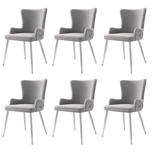 Crlnaup Samt-Esszimmerstuhl, 6er-Set, luxuriöser Wohnzimmer-Schlafzimmer-Loungesessel mit Vier silberfarbenen Metallstützbeinen, Grau von Crlnaup