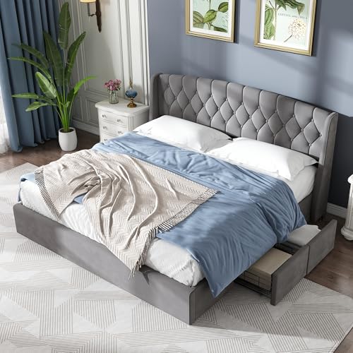 Crlnaup Samt Polsterbett,Schubladen aus stabilem Drahtgeflecht,Doppelbett mit Lattenrost und 4 Bettschubkästen,180 x 200 cm,ohne Matratze,grau Crlnaup Samt Polsterbett,Schubladen aus stabilem Drahtgeflecht,Doppelbett mit Lattenrost und 4 Bettschubkästen,180 x 200 cm,ohne Matratze,grau von Crlnaup