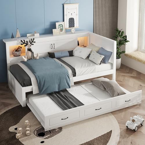 Crlnaup Schlafsofa, Daybett, Tagesbett, 90 * 200cm, Mit LED-Leuchten, Bettseitiges Staufach, Ausziehbares Bett, Steckdose + USB, Ohne Matratze, Weiß Crlnaup Schlafsofa, Daybett, Tagesbett, 90 * 200cm, Mit LED-Leuchten, Bettseitiges Staufach, Ausziehbares Bett, Steckdose + USB, Ohne Matratze, Weiß von Crlnaup