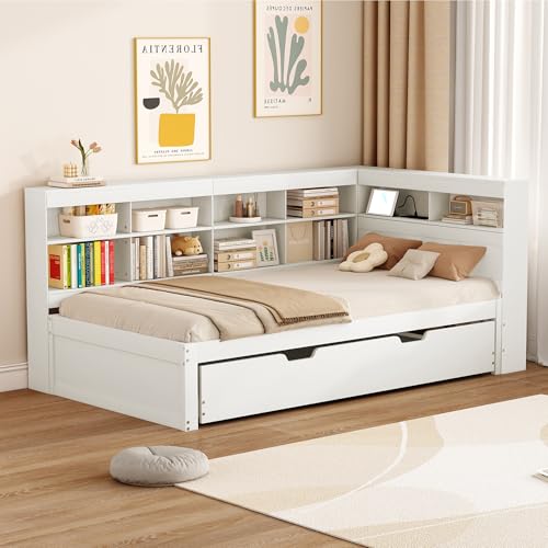 Crlnaup Schlafsofa 90 * 200, Ausziehbares Bett 90 * 190 mit USB-Steckdose und Mehreren Ablagefächern, Massivholzbett, Einzelbett, Holz-Multifunktionsbett, Weiß. Crlnaup Schlafsofa 90 * 200, Ausziehbares Bett 90 * 190 mit USB-Steckdose und Mehreren Ablagefächern, Massivholzbett, Einzelbett, Holz-Multifunktionsbett, Weiß. von Crlnaup