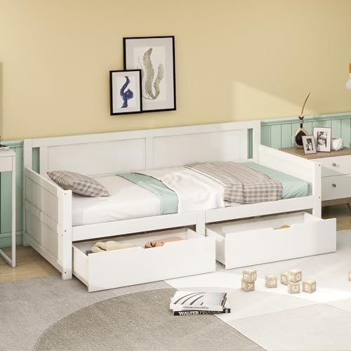 Crlnaup Schlafsofa 90 * 200, Einzelbett mit Zwei Ablagefächern, Massivholzrahmen, Massivholzbett, Jugendbett, Kinderbett, weiß von Crlnaup
