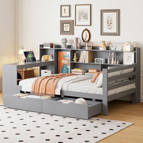 Crlnaup Schlafsofa aus Massivholz, 90 * 200 cm, Mit Schreibtisch Bücherregal Ablagefächern und Regalen, Mit Steckdose, Mit 2 großen Ablagefächern, Multifunktionales Holzbett, Grau von Crlnaup