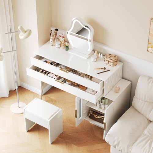 Crlnaup Schminktisch mit LED-beleuchtetem Spiegel, Weißes Schminktisch-Set mit ausziehbarem Design, moderner Kosmetiktisch für das Schlafzimmer - Maße:B100/H78/T40 cm (ohne Hocker) von Crlnaup