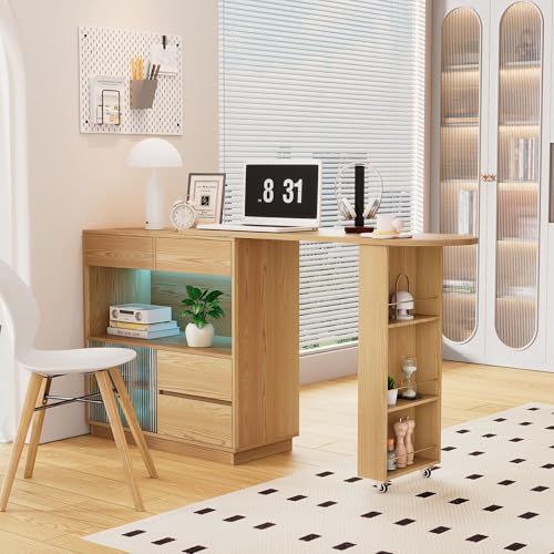 Crlnaup Schreibtisch, L-förmiger Schreibtisch mit Ablage, schwenkbare Tischplatte mit LED-Lichtband Crlnaup Schreibtisch, L-förmiger Schreibtisch mit Ablage, schwenkbare Tischplatte mit LED-Lichtband von Crlnaup