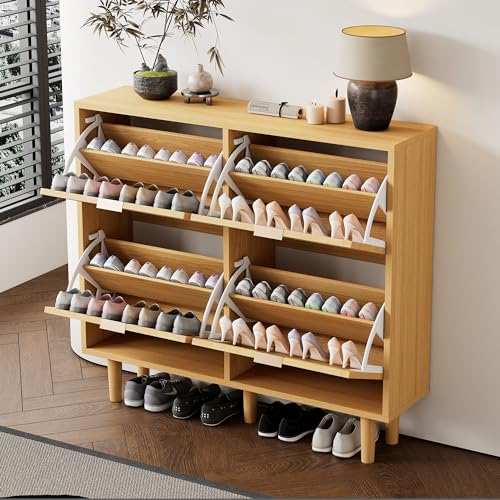 Crlnaup Schuhschrank mit 4 Klappschubladen, Schuhkommode aus Rattan mit Metallgriffen, Schuhregal für Flur, Schlafzimmer, Wohnung,Holzmöbel, Landhausstil, Maße: 100 x 25 x 90 cm von Crlnaup