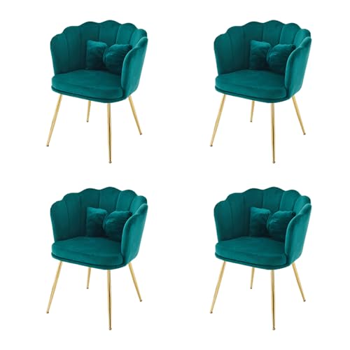 Crlnaup Set mit 4 modernen Samt-Wohnzimmerstühlen, Badezimmerstühlen, gepolsterten Stühlen mit Blütenblatt-Rücken, vergoldeten Metallbeinen und Schmetterlingskissen für das Schlafzimmer-Esszimmer von Crlnaup