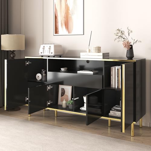 Crlnaup Sideboard, hochglänzende Schwarze Kommode mit 1 Schublade, Kommode, Schlafzimmerkommode, hochglänzendes schwarzes Sideboard – B150/T40/H80cm von Crlnaup