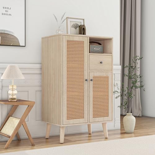 Crlnaup Sideboard in Holzoptik, 2 Rattantüren, 1 Schublade, Eckschrank, Kommode, Standschrank Stauschrank Sideboard mit großem Stauraum, 60 * 40 * 101cm von Crlnaup