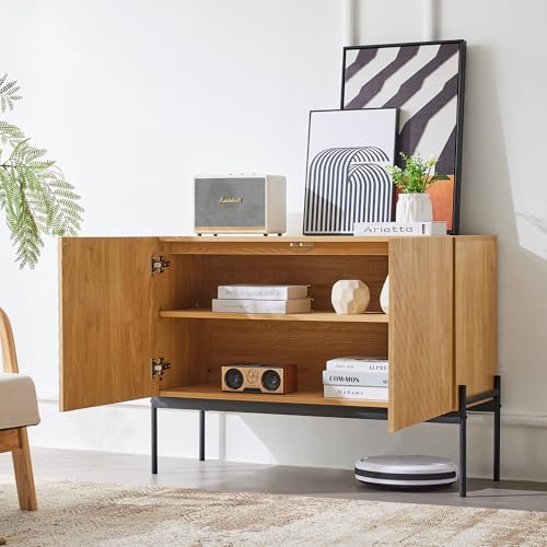 Crlnaup Sideboard mit 2 Türen und Metallbeinen, Buffet, Kommode mit Linien-Design, Maße: H 75 cm/B 100 cm/T 40 cm von Crlnaup