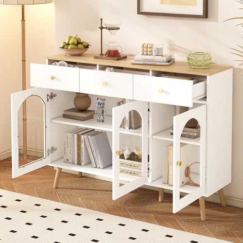 Crlnaup Sideboard mit 3 Schubladen und 3 gebogenen Türen mit breitem Schrank aus gehärtetem Glas für Buffettische in Küchen und Esszimmern, weiß und Natur von Crlnaup