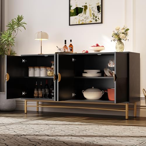 Crlnaup Sideboard mit Erhabener Textur 160cm, Schrank mit Vier Türen Goldene Gebürstete Griffe und Hochglanz Tischbeine, Schwarz, 160×40×82cm von Crlnaup