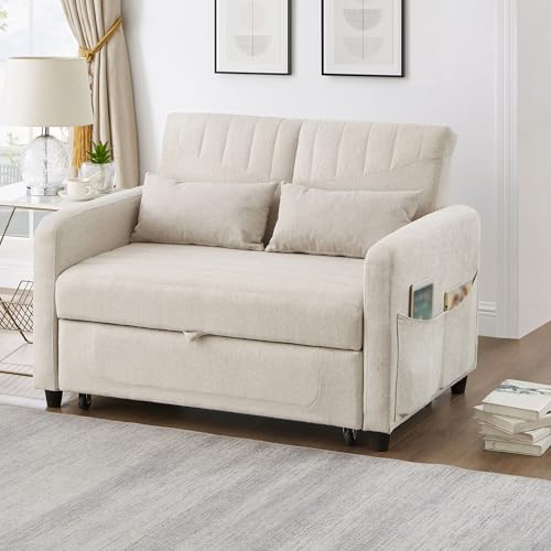 Crlnaup [Sofabett mit Schlaffunktion] Zweisitzer-Klappsofa, ausziehbares Design, schlicht und modern, zeitgemäßer Stil, dreistufig verstellbare Rückenlehne, atmungsaktiver Baumwoll-Leinen-Stoff von Crlnaup
