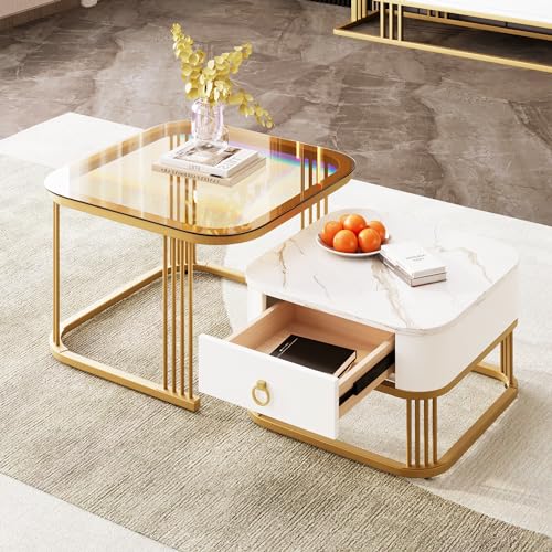 Crlnaup Stapelbarer Couchtisch: hochglänzende Marmoroptik und Teebraun Glasplatte, goldene Akzente, Beistelltisch mit Schubladen. zweiteiliges Set Crlnaup Stapelbarer Couchtisch: hochglänzende Marmoroptik und Teebraun Glasplatte, goldene Akzente, Beistelltisch mit Schubladen. zweiteiliges Set von Crlnaup