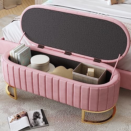 Crlnaup Stauraum-Schlafkoffer und Fußbank 120 x 40 cm, gepolsterte Fußbank mit Stauraum, Sofabank Bank, Samtstoff rosa von Crlnaup