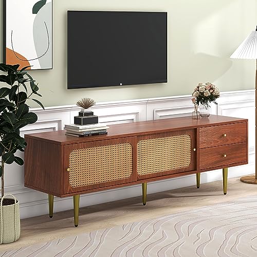Crlnaup Stilvoller TV-Ständer mit Rattan-Schiebetüren und praktischen Schubladen, Nussbaum mit dunklem Kunststoff-Rattan, 2 Schubladen, 2 Schiebetüren, 4 Fächer zur Aufbewahrung, 160 * 40 * 60cm. von Crlnaup