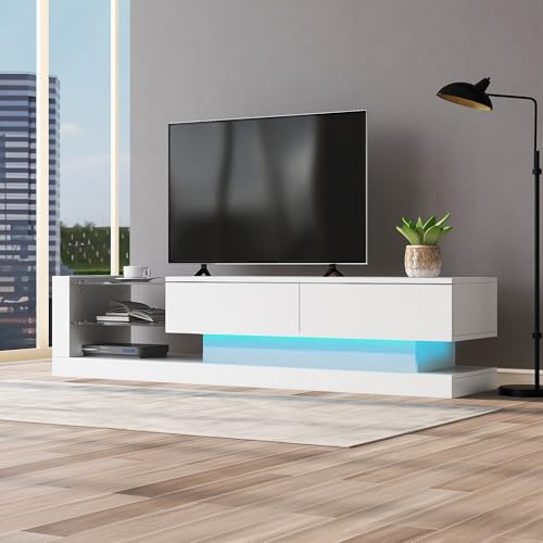 Crlnaup Stilvoller weißer Hochglanz-TV-Schrank - 1,4 Meter lang, 16-farbige LED-Beleuchtung, 60 Zoll TV-Fläche - EIN Möbelstück, das Eleganz und Funktionalität vereint von Crlnaup