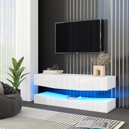 Crlnaup TV Board Weiss Hochglanz Hängend TV Stand TV Schank mit LED-Beleuchtung TV Schrank Hängend Wand befestigter schwimmender TV-Ständer Unterhaltungs Medienkonsolen-Centerfür Wohnzimmer Home von Crlnaup