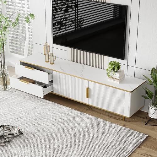 Crlnaup TV-Schrank, niedriger Teller mit geschnitzter Textur, goldenen Griffen und Füßen, Wohnzimmermöbel mit Marmorstruktur von Crlnaup