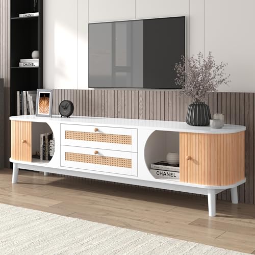 Crlnaup TV-Schrank-Natürlicher Holz-Blend TV-Schrank mit Türen und Schubladen. TV-Ständer mit Rattanseiten. Aufbewahrungslösung, Natürlicher Landhausstil. Crlnaup TV-Schrank-Natürlicher Holz-Blend TV-Schrank mit Türen und Schubladen. TV-Ständer mit Rattanseiten. Aufbewahrungslösung, Natürlicher Landhausstil. von Crlnaup