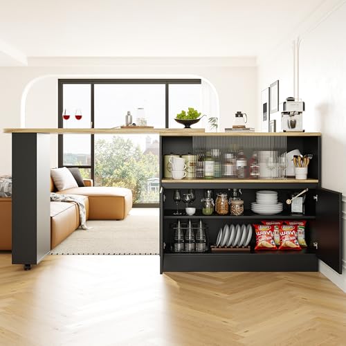 Crlnaup Um 360° drehbare Essbar (Hauptkörper 90 x 45 x 100 cm), schwarzes, modernes, einfaches, multifunktionales, drehbares Sideboard mit Ablageflächen und Glas, geeignet für Küchen und Restaurants von Crlnaup
