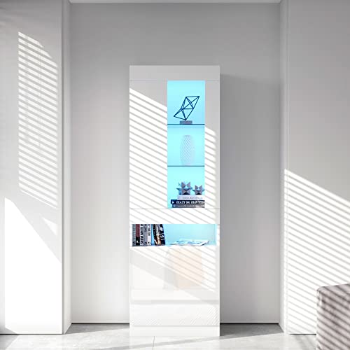 Crlnaup Vitrine mit 16 Farben LED Beleuchtung Vitrinenschrank Standvitrine Stauraumvitrine Schrank Wohnzimmerschran Weiß Wohnzimmer Wohnwände Buffet-Schran von Crlnaup