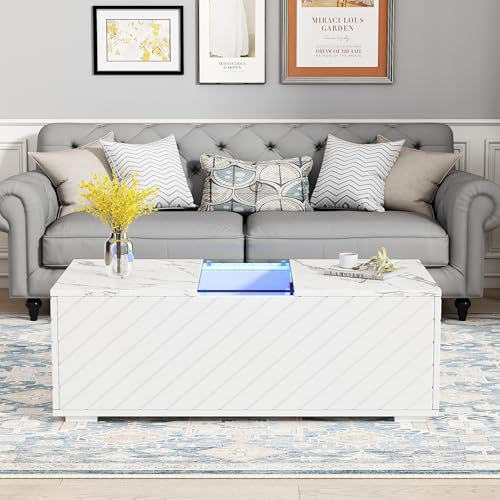 Crlnaup Weißer Couchtisch 100x50x35cm mit Marmoroptik, LED-Beleuchtung, Glas-Element und 2 Schubladen – Belastbar bis 20 kg, modernes Design von Crlnaup