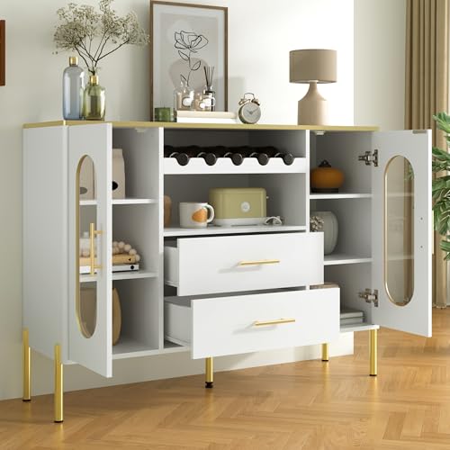 Crlnaup Weißes Sideboard, Glasfronten & Weinregal – Sideboard für Esszimmer & Wohnzimmer – Verstellbarer Fuß – Viel Stauraum & modernes Design von Crlnaup