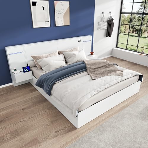 Doppelbett 180*200cm, Holzbett, mit USB-Anschluss, elektronischer Uhr, Bluetooth-Lautsprecher, Farblichtleiste, integrierter Matratze,2 Nachttischen (ohne Schubladen), Matratze nicht enthalten, weiß von Crlnaup