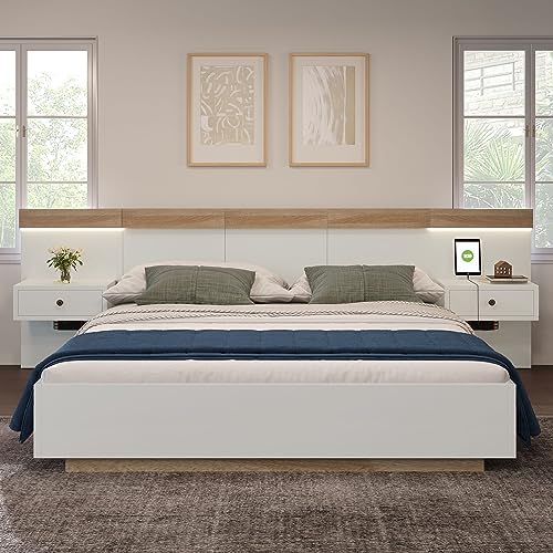 Doppelbett Bettanlage mit 2 LED Nachtkommoden& USB C Steckdose 140 x 200 cm Holzbett inkl. 2 Nachttischen Schlafzimmer Komplett-205x244x90.5 cm(L/B/H) Set in Eiche Sonoma/Weiß(Ohne Matratze) von Crlnaup