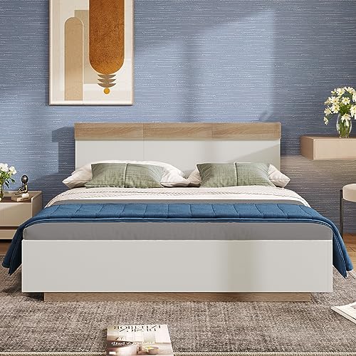 Doppelbett Holzbett Schwebebett mit Kopfteil aus Bettgestell &Lattenrost-205x144x90.5 cm(L/B/H) Set in Eiche Sonoma/Weiß(Ohne Matratze) von Crlnaup