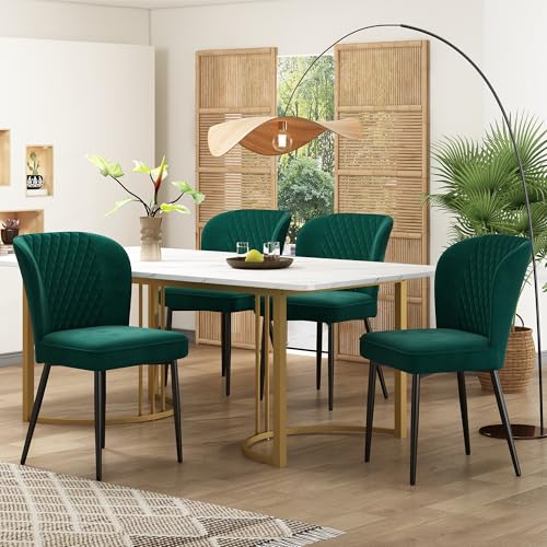 Essgruppe,(Set,140×80×75cm Esstisch mit4 Stühlen),Moderner Küchentisch Set,Dunkelgrün Samt Esszimmerstühle,Polsterstuhl Design Stuhl mit Rückenlehne,MDF Tischplatte in Weißer,Golden Tischbeine von Crlnaup