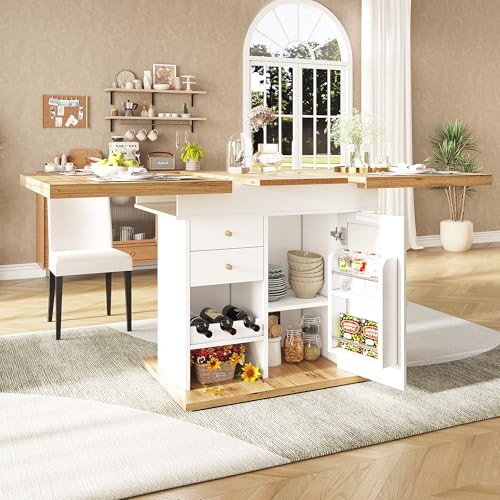 Esstisch Teleskoptisch(110-140×80cm), klappbarer Küchentisch für 4-6 Personen, Ausziehbarer Esstisch ,platzsparender Küchentisch,für Küche und Wohnzimmer, Tisch mit Snackregal und Weinregal, weiß von Crlnaup