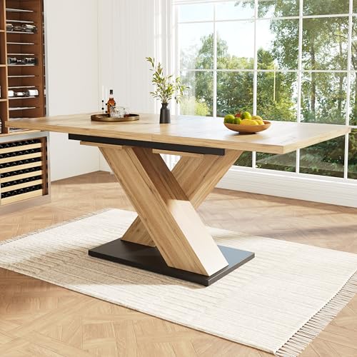 Esstisch Teleskoptisch (119-158,5×80cm),Tisch, Küchentisch, Ausziehtisch,mit Hilfe innenliegender Einlegeplatten auf 119-158,5cm ausziehbar,für Küche und Wohnzimmer, Holzfarbener Esstisch mit gekre von Crlnaup