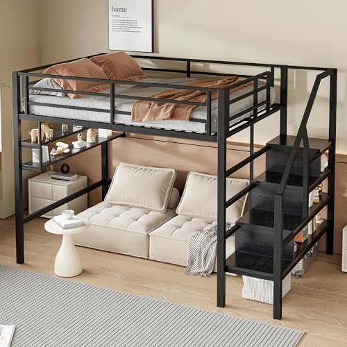 Hochbett, 140 * 200cm, Einlegeböden, Stauraumleiter, Freiraum unter dem Bett zum Verkleiden, Geländer, ohne Matratze, Schwarz von Crlnaup