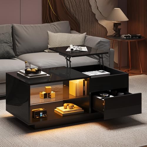 Höhenverstellbarer Couchtisch, Wohnzimmertisch mit LED, Hochglanz-Couchtisch mit 1 Schublade, Sofatisch mit Trennwand aus gehärtetem Glas und verstecktem Stauraum, kann als Esstisch verwendet werden Höhenverstellbarer Couchtisch, Wohnzimmertisch mit LED, Hochglanz-Couchtisch mit 1 Schublade, Sofatisch mit Trennwand aus gehärtetem Glas und verstecktem Stauraum, kann als Esstisch verwendet werden von Crlnaup