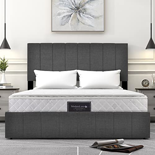 Hydraulisch Doppelbett Polsterbett 140x200cm, Verstellbares Kopfteil, Bett mit Lattenrost aus Metallrahmen, Leinenmaterial, Modernes Bettgestell mit Stauraum, Großer Stauraum,Grau(Mit Matratze) von Crlnaup