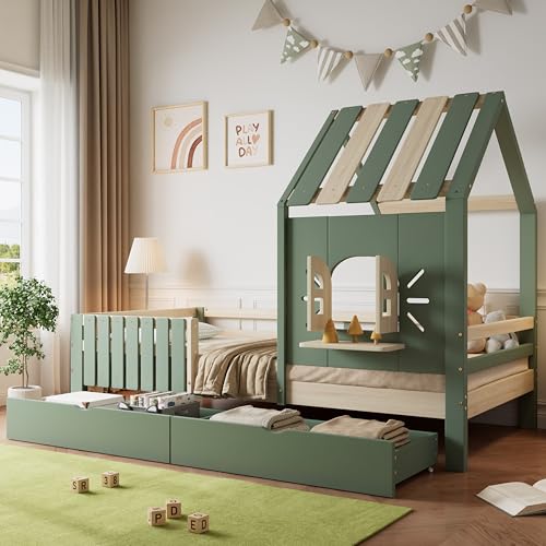 Kinderbett, Hausbett mit Dach und Fenster, Mit Holzfensterbank, Vierseitiger Zaun, mit 2 Schubladen, Kiefer+MDF, Grün+Natur, 90x200cm Kinderbett, Hausbett mit Dach und Fenster, Mit Holzfensterbank, Vierseitiger Zaun, mit 2 Schubladen, Kiefer+MDF, Grün+Natur, 90x200cm von Crlnaup