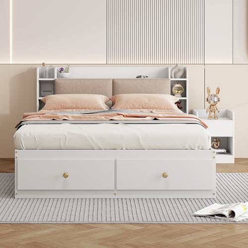 Massivholz-Kombi-Bett 140*200cm, Kopfteil mit eingebautem Staufach, mit Schubladen, mit Nachttisch, mit Stauraum-Langschrank, mit Sofabank, Stauraumbett Doppelbett Stauraumbett Tatamibett, weiß von Crlnaup