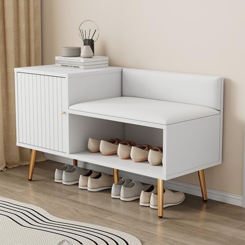 Moderne luxuriöse Schuhtruhe in Weiß mit Stauraum, gepolsterter Sitzbank und Rückenlehne - Schuhregal mit Metallgriffen und Metallbeinen - Perfekt für den Eingangsbereich - Maße: B100/T40/H58 cm von Crlnaup