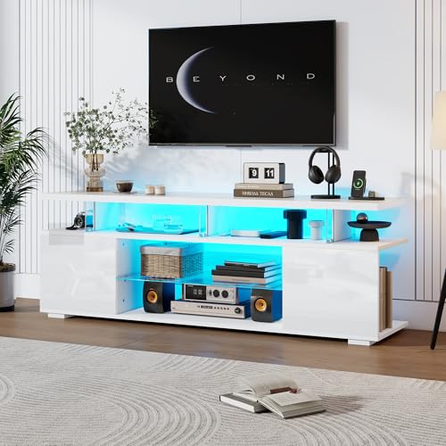Moderner Low-Panel-Hochglanz-TV-Ständer mit LED-Beleuchtung, TV-Panel, TV-Glasschrank für 60-Zoll-Fernseher, Tische, universelle Gaming-Medienständer, Stauschränke und große Stauräume, Reinweiß von Crlnaup