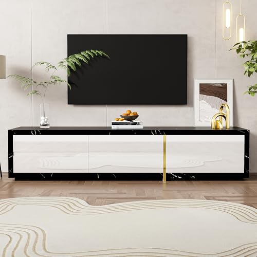 Moderner TV-Schrank mit variabler Länge (140-260 cm),drehbarer Funktion, schwarzer Marmoroptik,weißem Hochglanz-Matt-Finish und goldenen Verzierungen Beschreibung Dieser TV-Schrank kombiniert moder von Crlnaup