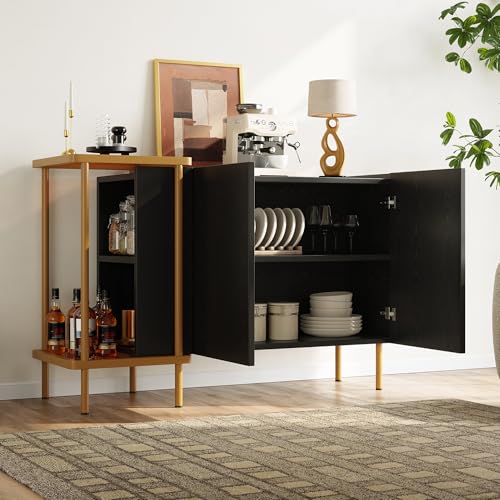 Moderner weißer Sideboard-Schrank mit 2 Türen und 2 offenen Fächern, Couchtisch aus Metall/Glas,Schwarz, 120 x 40 x 77.5 cm (LxBxH) von Crlnaup