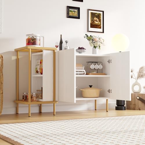 Moderner weißer Sideboard-Schrank mit 2 Türen und 2 offenen Fächern, Couchtisch aus Metall/Glas,Weiß,120 x 40 x 77.5 cm (LxBxH) von Crlnaup
