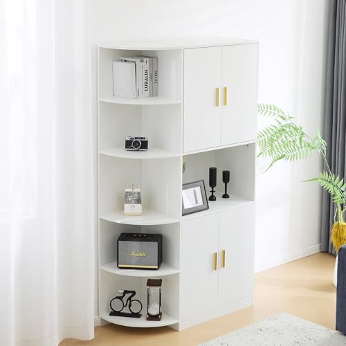 Modernes, vielseitiges 180 cm hohes weißes Ess-Sideboard mit flexiblen Eckablagen (links oder rechts montierbar) für Küche, Esszimmer, Wohnzimmer, Büro oder Schlafzimmer, mit stilvollen Goldgriffen von Crlnaup