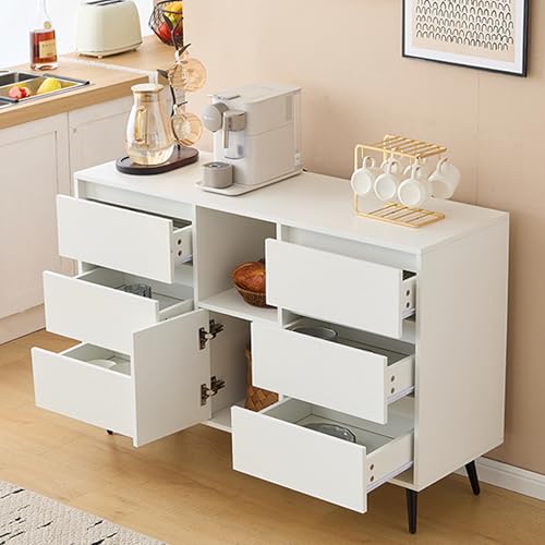 Modernes weißes Sideboard mit LED-Beleuchtung, 6 geräuschlosen Schubladen, Push-Open-Türen, Hochglanzlackierung, mattschwarzen Metallbeinen, 120x40x80 cm – ideal für Küchen, Ess- und Wohnbereiche von Crlnaup