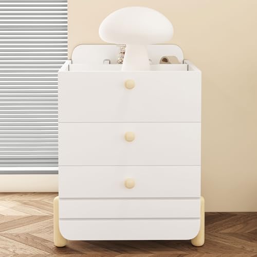 Nachttisch mit 3 Schubladen mit Einlegeböden, Geräuschloses Schubladendesign, Exquisite Holzfarbene Füße, Stauraum im Wohn- und Schlafzimmer, Einzigartige Form und Minimalistisches Design, Weiß von Crlnaup