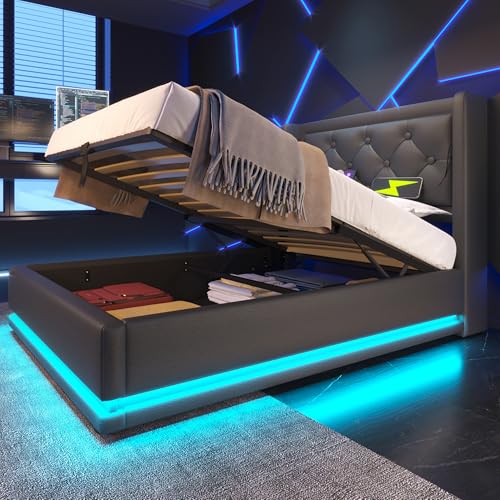 Polsterbett Einzelbett 90 * 200 cm,Schwarz PU-Material Hydraulisches Stauraumbett, gepolstertes Kopfteil mit USB Typ-C Ladefunktion, 3-seitige LED-Funktion(Ohne Matratze) von Crlnaup