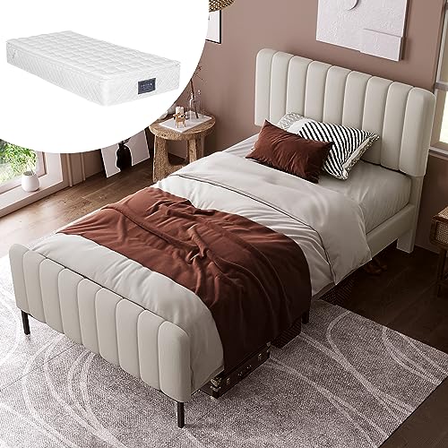 Polsterbett Einzelbett 90 x 200 cm, Bettgestell mit Lattenrost und Verstellbares Kopfteil, Gepolstertes bett in Grau-Beige,Bettrahmen Jugendbett für Schlafzimmer Gästezimmer-Leinenmaterial(Mit Matratz von Crlnaup