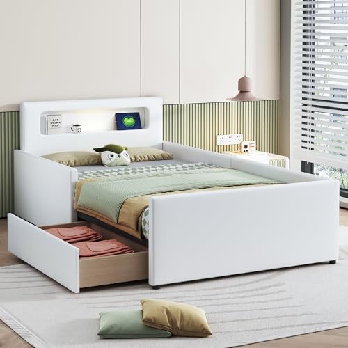Polsterbett Kinderbett 90*200 cm, Mit Nachtlicht und USB-Ladeanschluss, Mit Ablagefächern, Erhöhte Seitenteile zur Sicherheit, Einfaches Einzelbett, Jungen- und Mädchenbett, Kunstlederstoff, Weiß Polsterbett Kinderbett 90*200 cm, Mit Nachtlicht und USB-Ladeanschluss, Mit Ablagefächern, Erhöhte Seitenteile zur Sicherheit, Einfaches Einzelbett, Jungen- und Mädchenbett, Kunstlederstoff, Weiß von Crlnaup