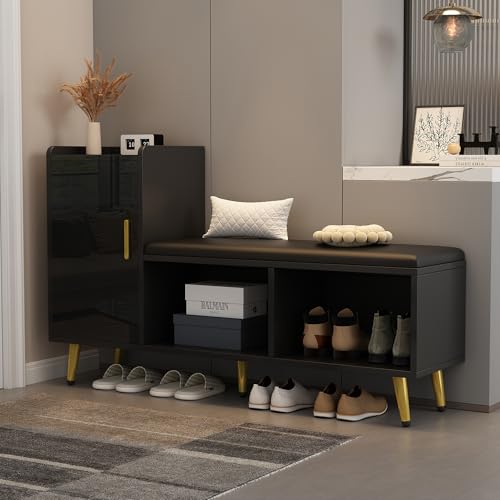 Schwarz Hochglanz-Schranktür mit Stauraum Eingangsschuhschrank, mehrstöckige Ablage mit gepolstertem Sitz, Schuhwechselbank mit Schrank Goldzubehör für Eingang, Flur,Wohnzimmer, Schlafzimmer,Gardero Schwarz Hochglanz-Schranktür mit Stauraum Eingangsschuhschrank, mehrstöckige Ablage mit gepolstertem Sitz, Schuhwechselbank mit Schrank Goldzubehör für Eingang, Flur,Wohnzimmer, Schlafzimmer,Gardero von Crlnaup
